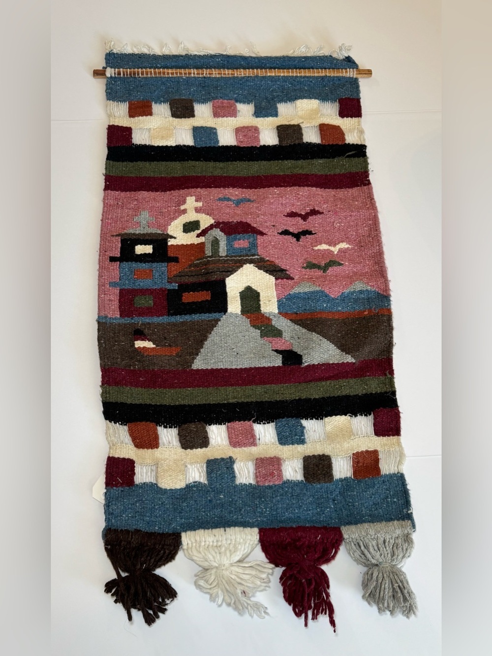 Vintage Handwoven Wool Tapestry Wall Hanging Mexican Pueblo Church Folk Art